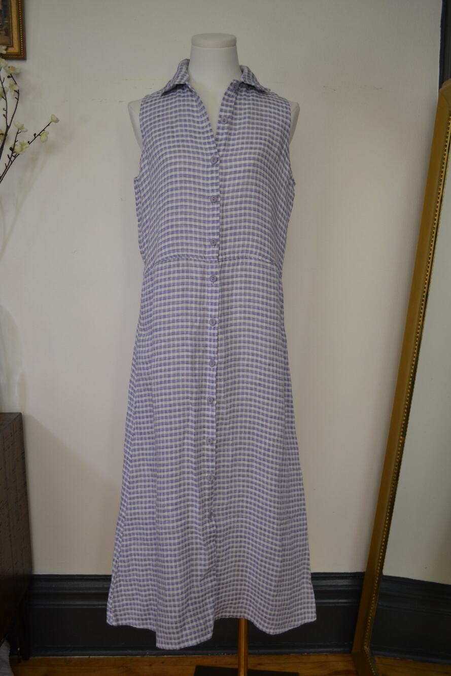 FLAX Marlowe Dress 100% Lightweight Linen Relaxed Fit in Purple Gingham Size M